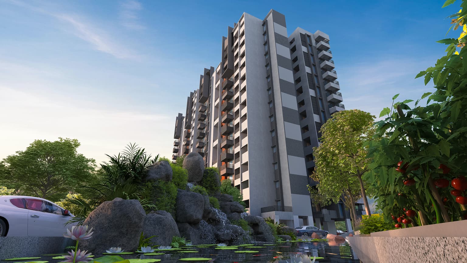Suraksha Whispering Waves landscaped pond and gardens